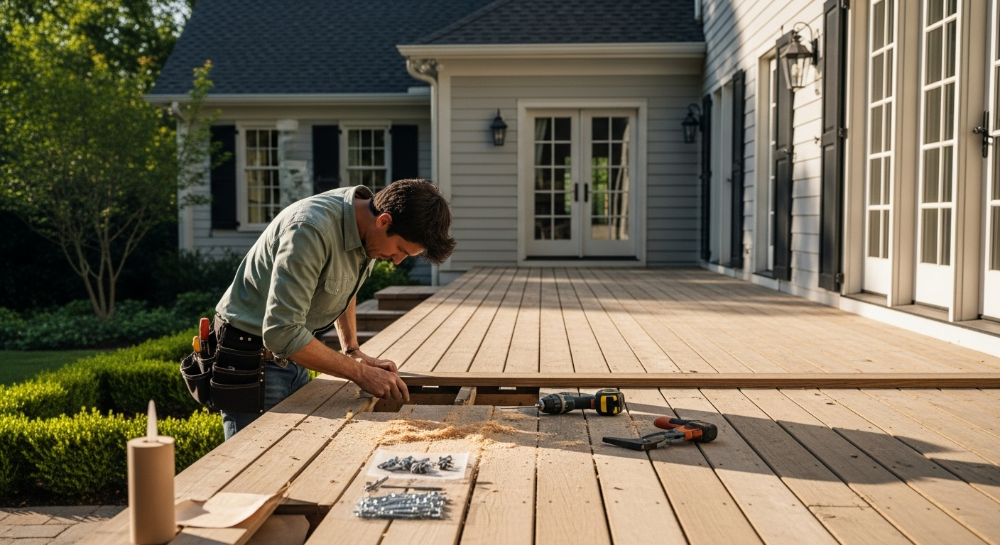 Carpenter working on a wooden deck with tools and hardware laid out