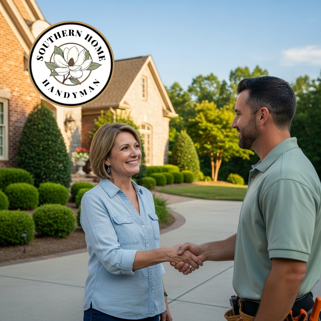 Home Smiling handyman shaking hands with a satisfied homeowner outside a brick home, representing trusted home repair services
