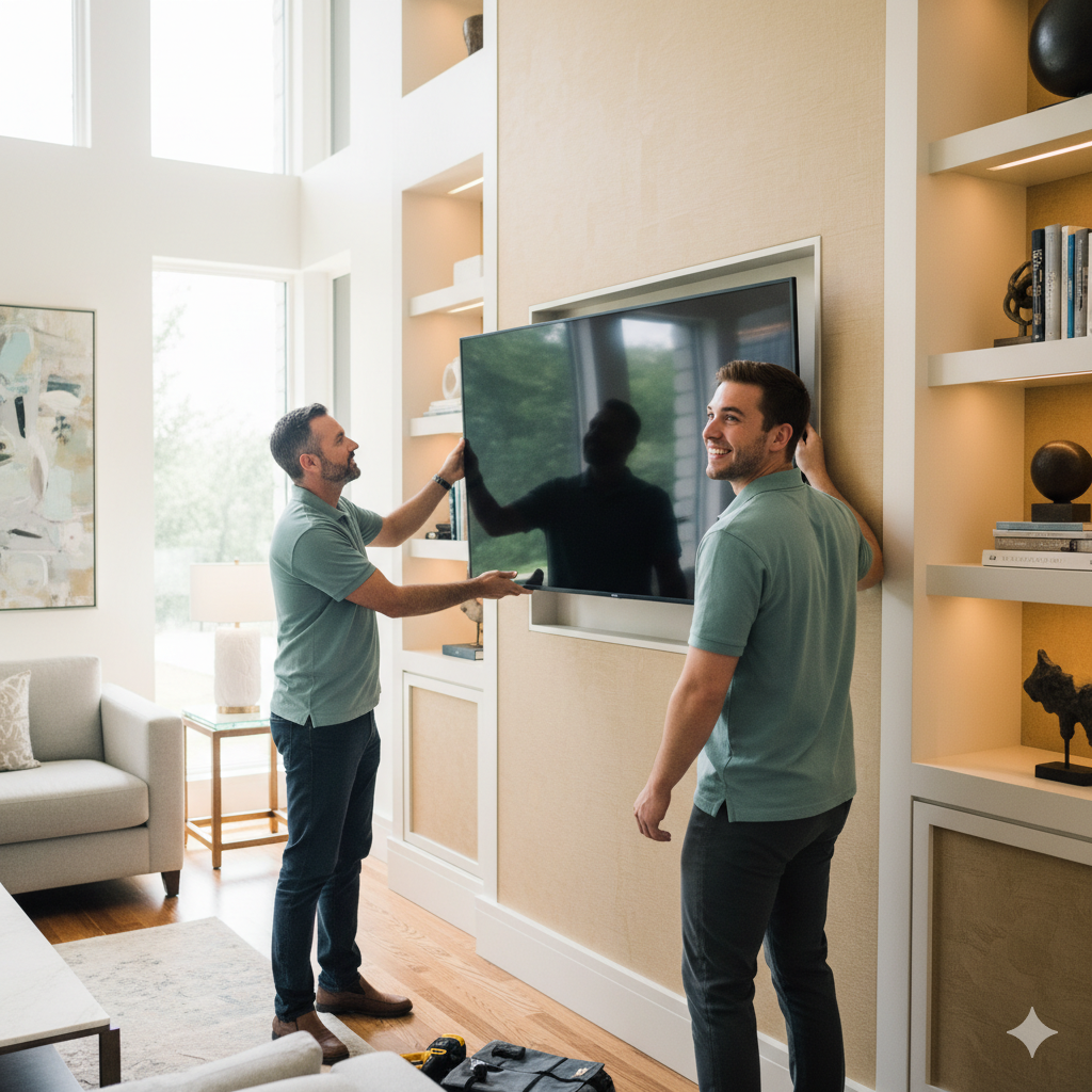 Two Southern Home Handyman technicians mounting a flat screen TV on a living room wall